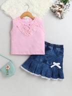 Bright Stars KIDSWEAR Cotton Single Jersey Lace Detailing Tshirt With Pleated Denim Skirt Set - Pink