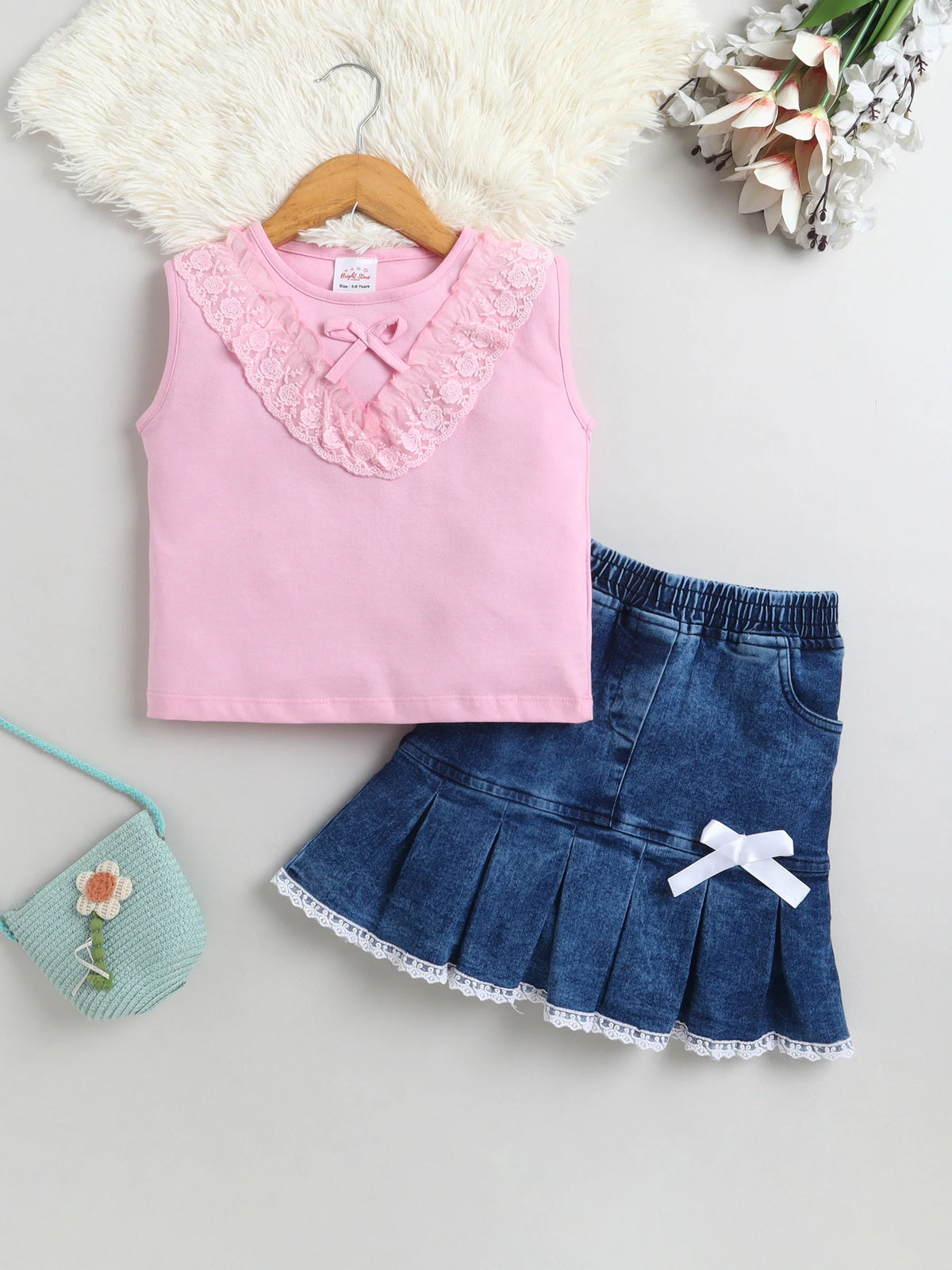 Bright Stars KIDSWEAR Cotton Single Jersey Lace Detailing Tshirt With Pleated Denim Skirt Set - Pink
