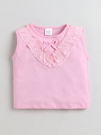 Bright Stars KIDSWEAR Cotton Single Jersey Lace Detailing Tshirt With Pleated Denim Skirt Set - Pink
