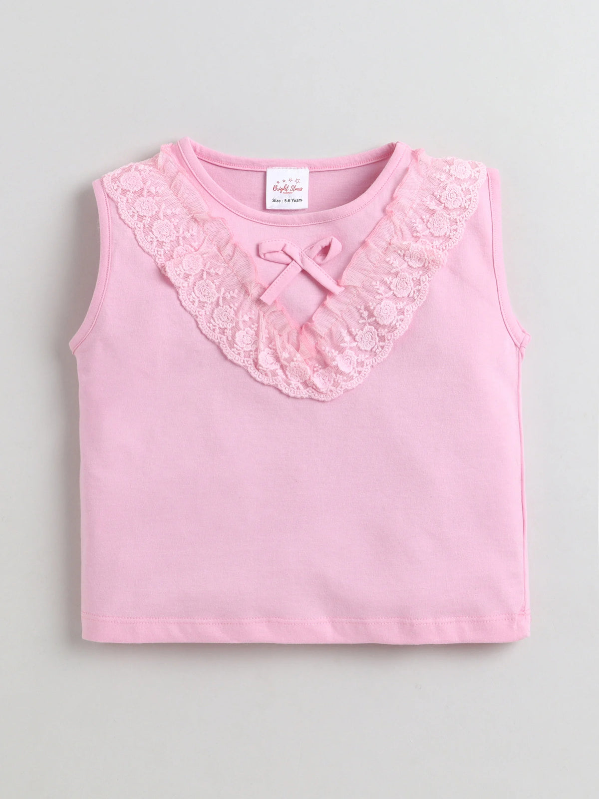 Bright Stars KIDSWEAR Cotton Single Jersey Lace Detailing Tshirt With Pleated Denim Skirt Set - Pink