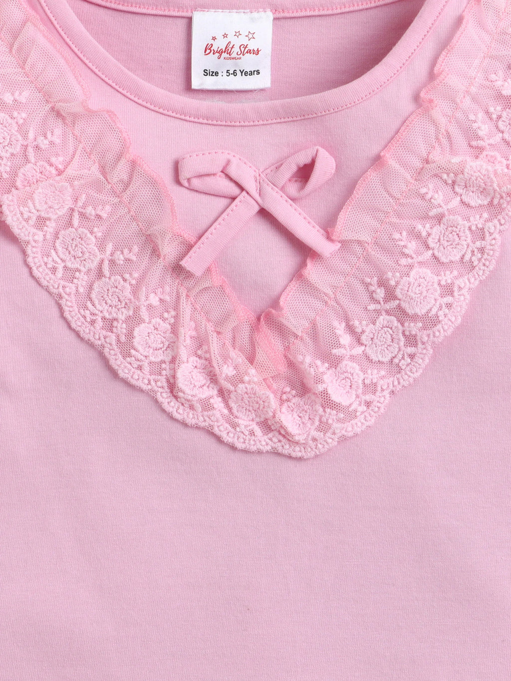 Bright Stars KIDSWEAR Cotton Single Jersey Lace Detailing Tshirt With Pleated Denim Skirt Set - Pink