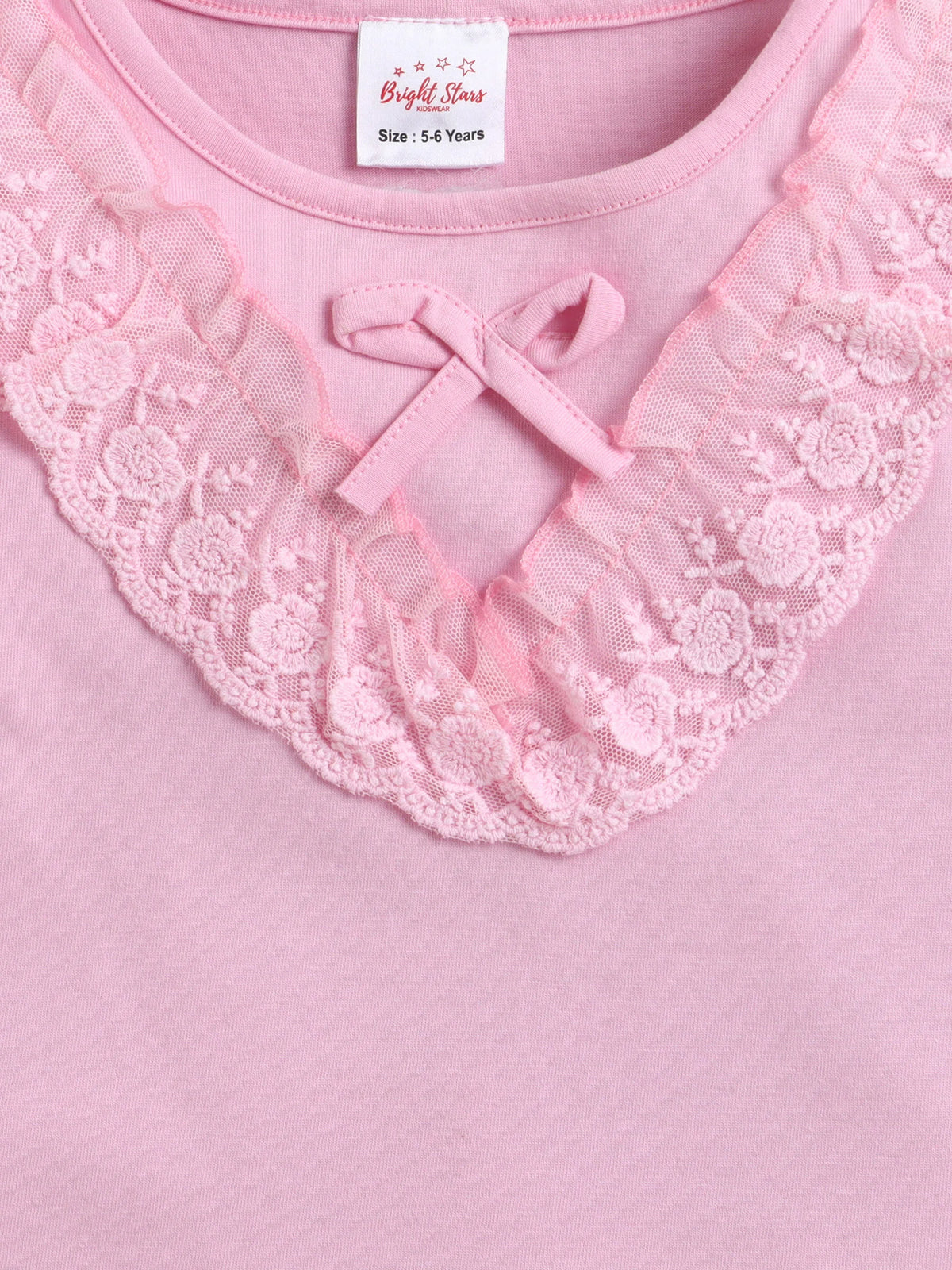 Bright Stars KIDSWEAR Cotton Single Jersey Lace Detailing Tshirt With Pleated Denim Skirt Set - Pink