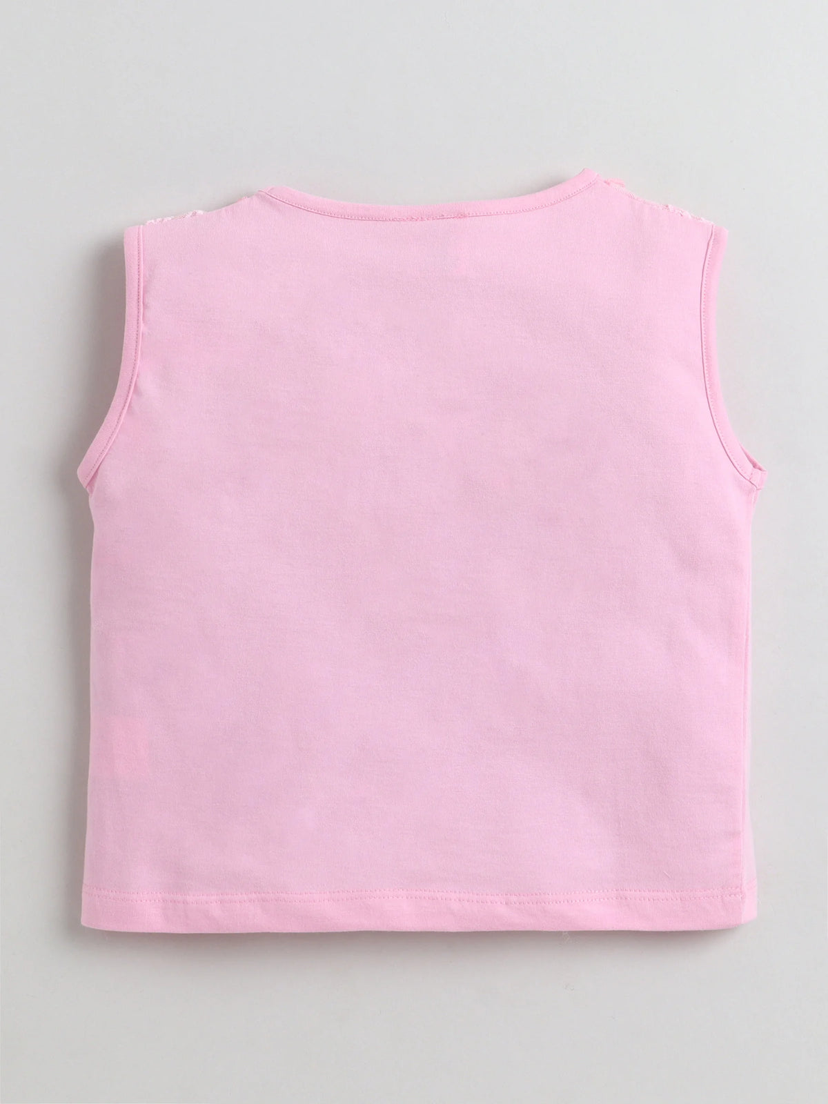 Bright Stars KIDSWEAR Cotton Single Jersey Lace Detailing Tshirt With Pleated Denim Skirt Set - Pink