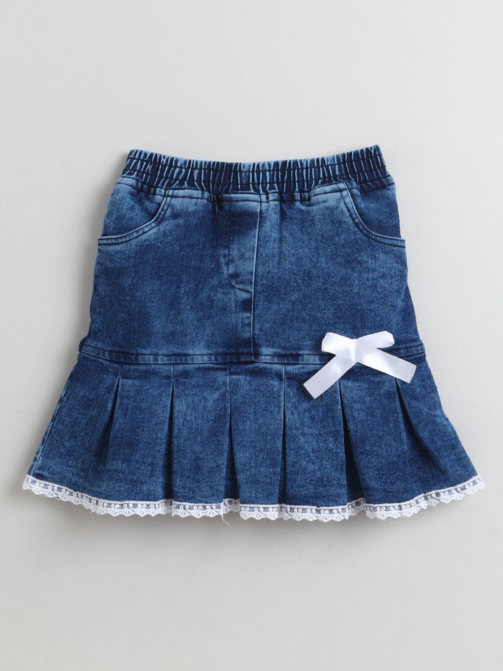 Bright Stars KIDSWEAR Cotton Single Jersey Lace Detailing Tshirt With Pleated Denim Skirt Set - Pink