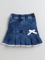 Bright Stars KIDSWEAR Cotton Single Jersey Lace Detailing Tshirt With Pleated Denim Skirt Set - Pink