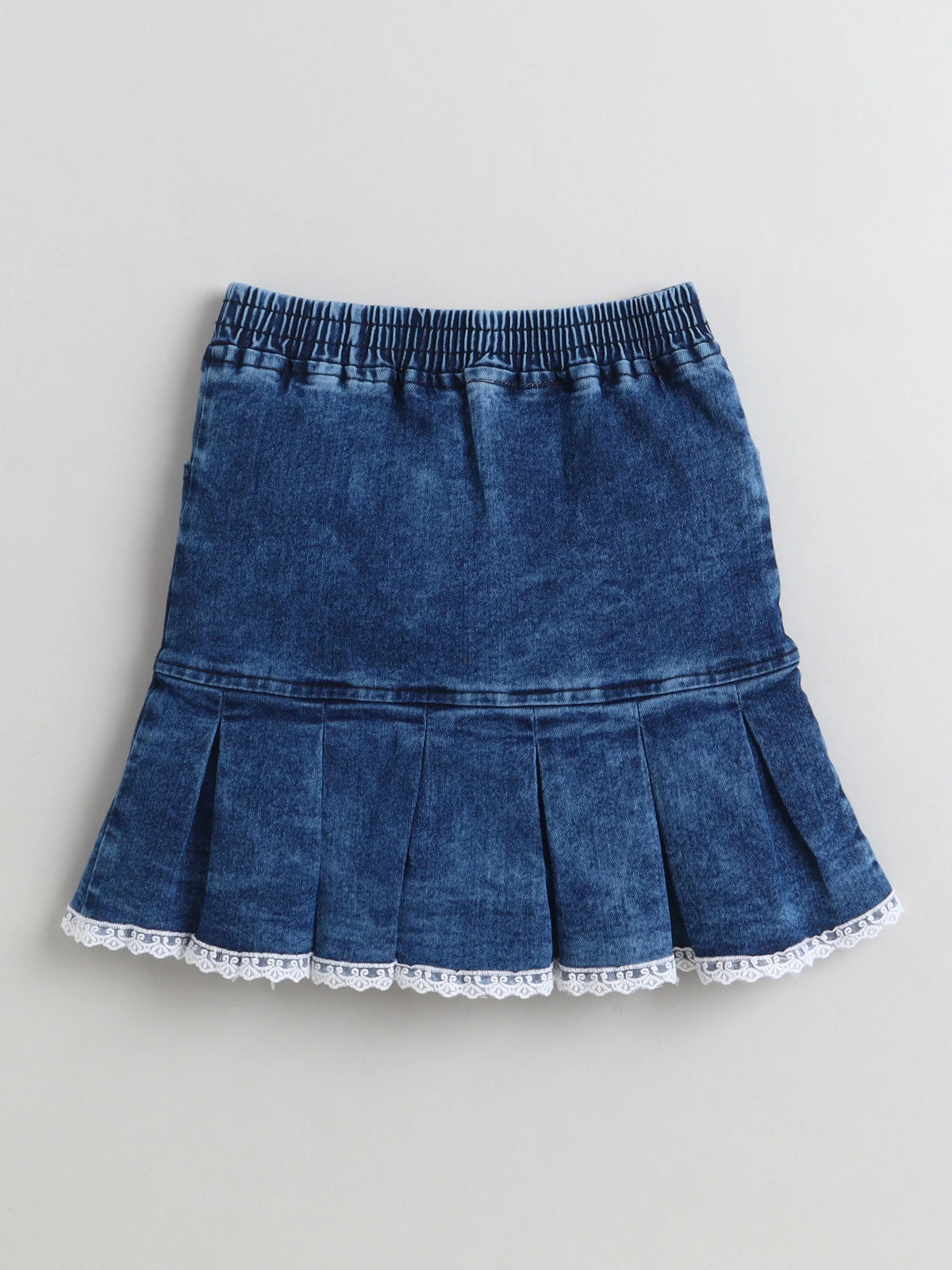 Bright Stars KIDSWEAR Cotton Single Jersey Lace Detailing Tshirt With Pleated Denim Skirt Set - Pink