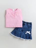 Bright Stars KIDSWEAR Cotton Single Jersey Lace Detailing Tshirt With Pleated Denim Skirt Set - Pink
