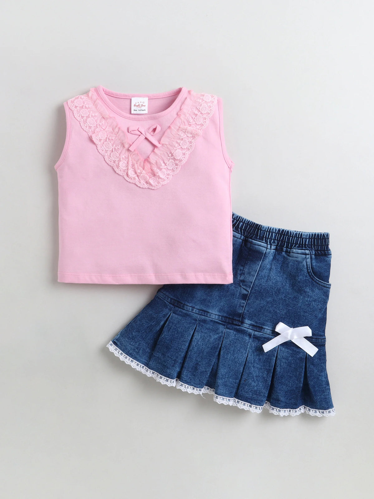 Bright Stars KIDSWEAR Cotton Single Jersey Lace Detailing Tshirt With Pleated Denim Skirt Set - Pink