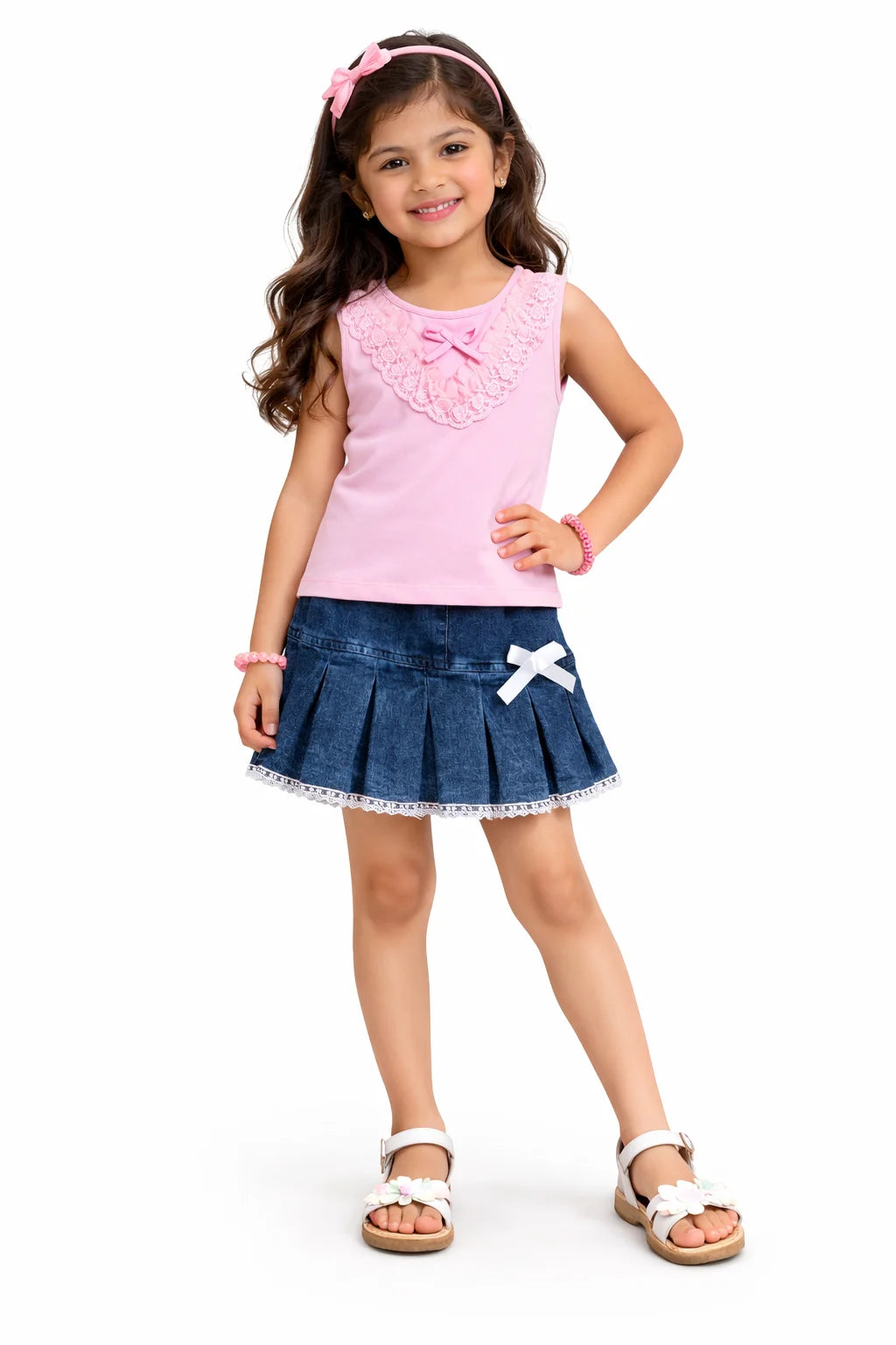 Bright Stars KIDSWEAR Cotton Single Jersey Lace Detailing Tshirt With Pleated Denim Skirt Set - Pink