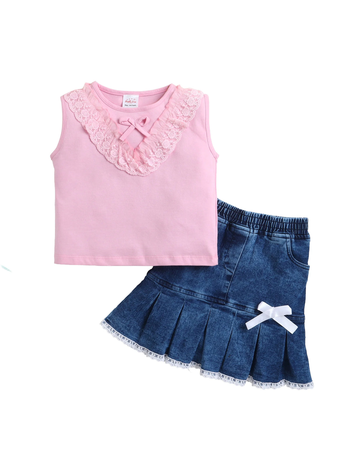 Bright Stars KIDSWEAR Cotton Single Jersey Lace Detailing Tshirt With Pleated Denim Skirt Set - Pink