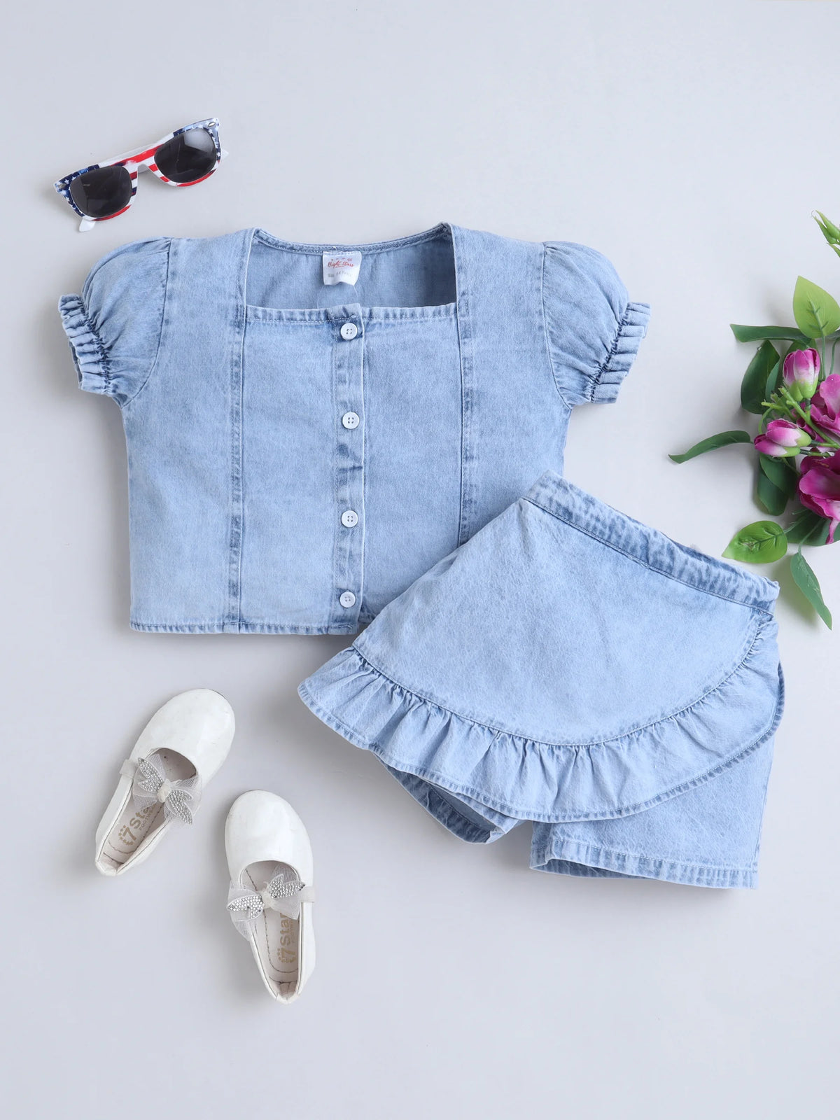 Girls Top & Skort Co-ord Set, Puff Sleeve Wrap Skort Party & Casual Clothing Set