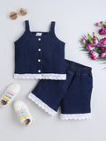 Girls Co-ord Set Denim Front Open Sleeveless Top with Lace Trim Shorts