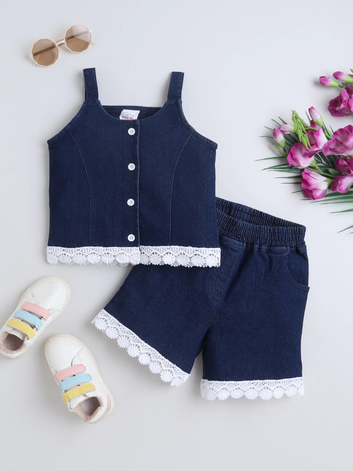 Girls Co-ord Set Denim Front Open Sleeveless Top with Lace Trim Shorts