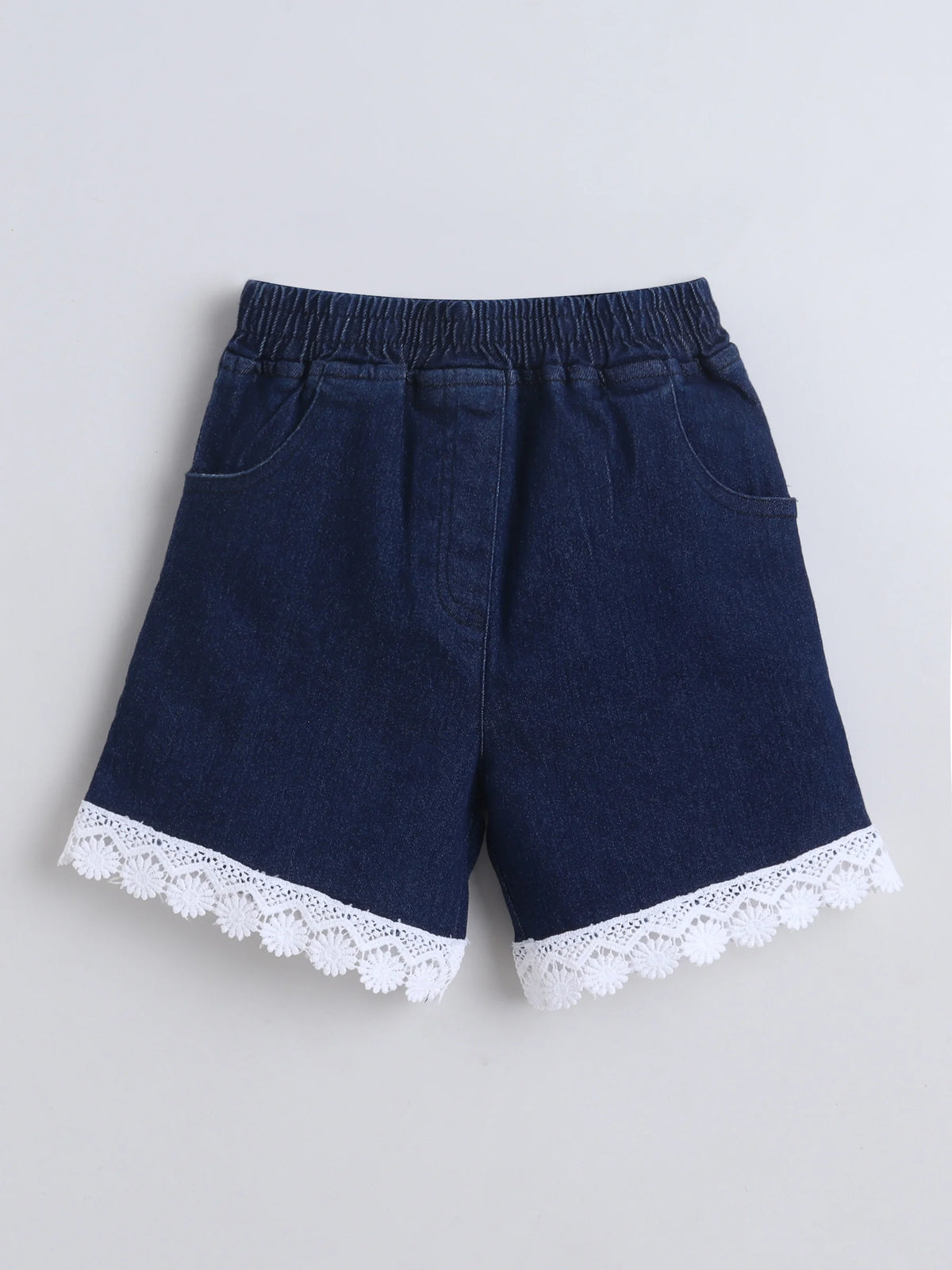 Girls Co-ord Set Denim Front Open Sleeveless Top with Lace Trim Shorts