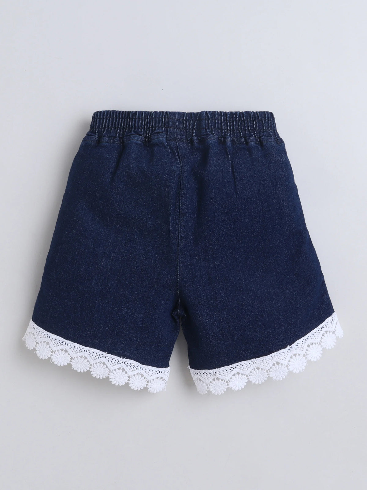 Girls Co-ord Set Denim Front Open Sleeveless Top with Lace Trim Shorts