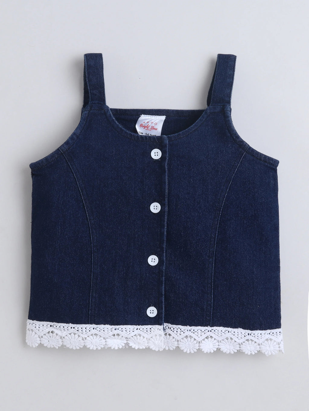 Girls Co-ord Set Denim Front Open Sleeveless Top with Lace Trim Shorts