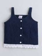 Girls Co-ord Set Denim Front Open Sleeveless Top with Lace Trim Shorts