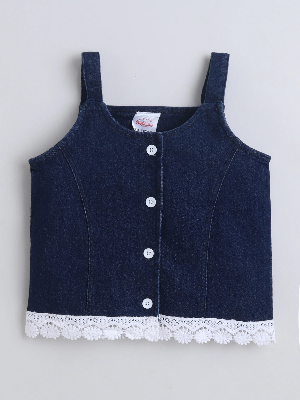 Girls Co-ord Set Denim Front Open Sleeveless Top with Lace Trim Shorts