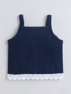 Girls Co-ord Set Denim Front Open Sleeveless Top with Lace Trim Shorts