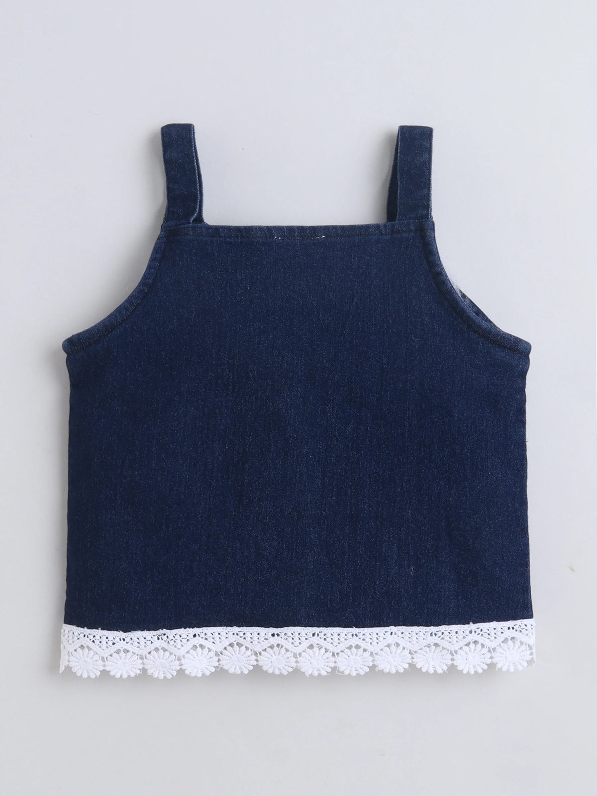 Girls Co-ord Set Denim Front Open Sleeveless Top with Lace Trim Shorts