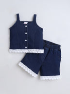 Girls Co-ord Set Denim Front Open Sleeveless Top with Lace Trim Shorts