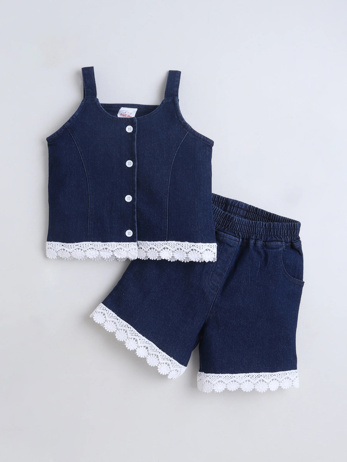 Girls Co-ord Set Denim Front Open Sleeveless Top with Lace Trim Shorts