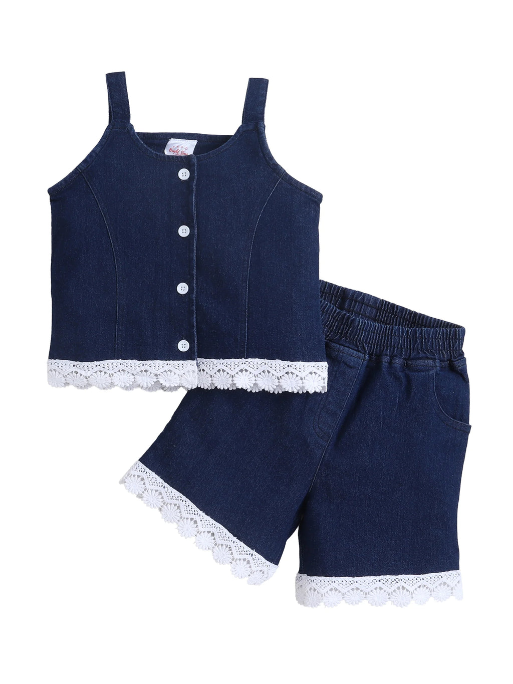 Girls Co-ord Set Denim Front Open Sleeveless Top with Lace Trim Shorts