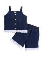 Girls Co-ord Set Denim Front Open Sleeveless Top with Lace Trim Shorts