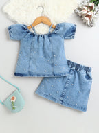 Bright Stars KIDSWEAR Cloud Washed Denim Panelled Cold Shoulder Top With Short Skirt And Beaded Embellishment Co-Ord Skirt Set - Blue