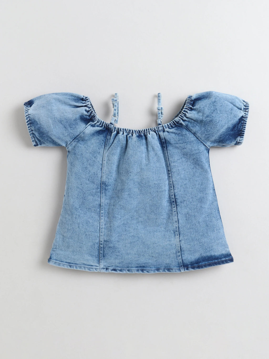 Bright Stars KIDSWEAR Cloud Washed Denim Panelled Cold Shoulder Top With Short Skirt And Beaded Embellishment Co-Ord Skirt Set - Blue