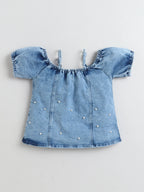 Bright Stars KIDSWEAR Cloud Washed Denim Panelled Cold Shoulder Top With Short Skirt And Beaded Embellishment Co-Ord Skirt Set - Blue