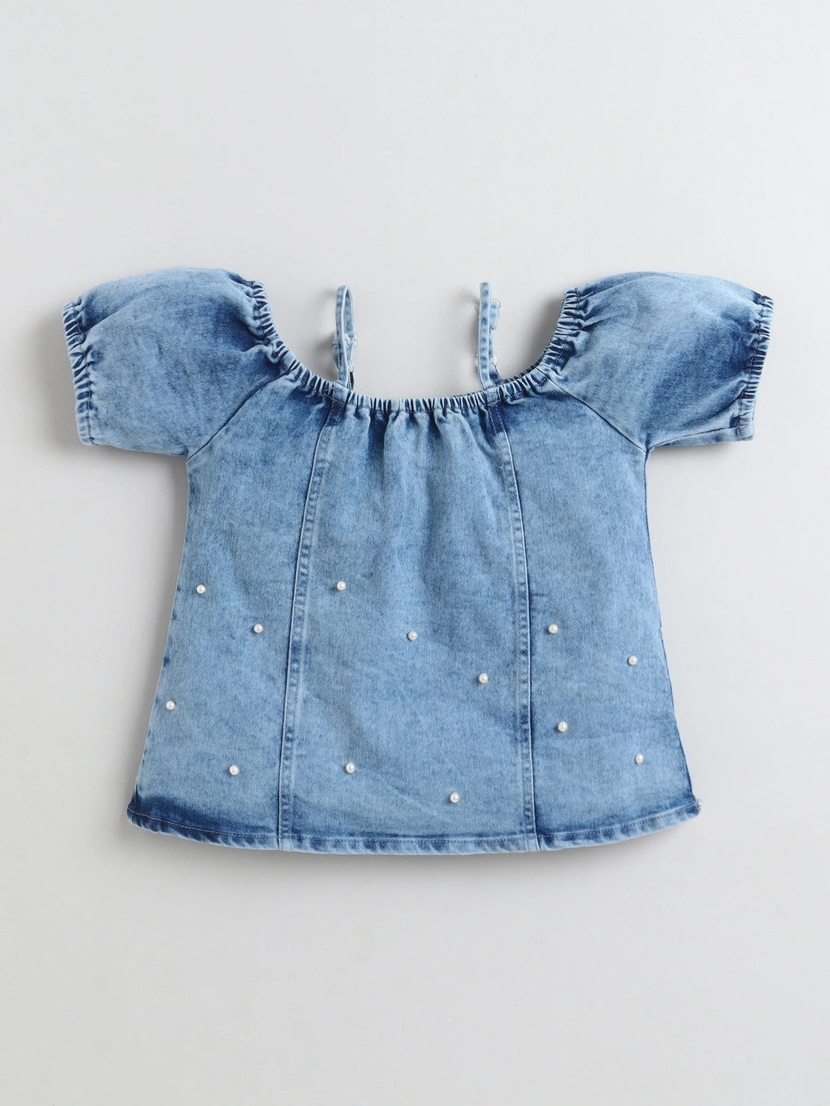 Bright Stars KIDSWEAR Cloud Washed Denim Panelled Cold Shoulder Top With Short Skirt And Beaded Embellishment Co-Ord Skirt Set - Blue