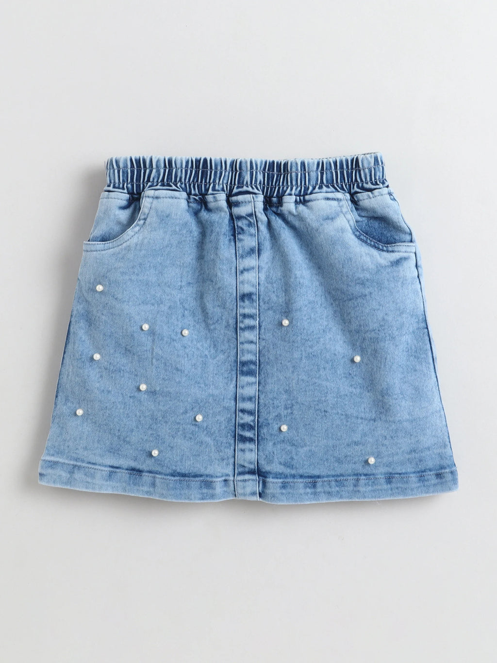 Bright Stars KIDSWEAR Cloud Washed Denim Panelled Cold Shoulder Top With Short Skirt And Beaded Embellishment Co-Ord Skirt Set - Blue