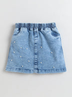 Bright Stars KIDSWEAR Cloud Washed Denim Panelled Cold Shoulder Top With Short Skirt And Beaded Embellishment Co-Ord Skirt Set - Blue