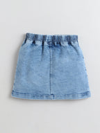 Bright Stars KIDSWEAR Cloud Washed Denim Panelled Cold Shoulder Top With Short Skirt And Beaded Embellishment Co-Ord Skirt Set - Blue