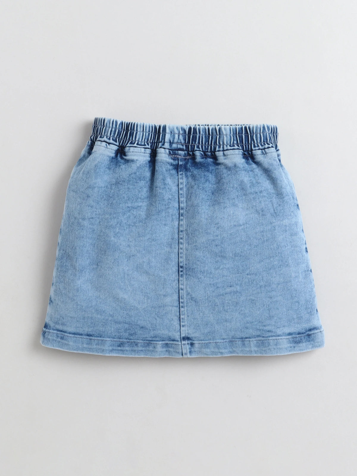 Bright Stars KIDSWEAR Cloud Washed Denim Panelled Cold Shoulder Top With Short Skirt And Beaded Embellishment Co-Ord Skirt Set - Blue