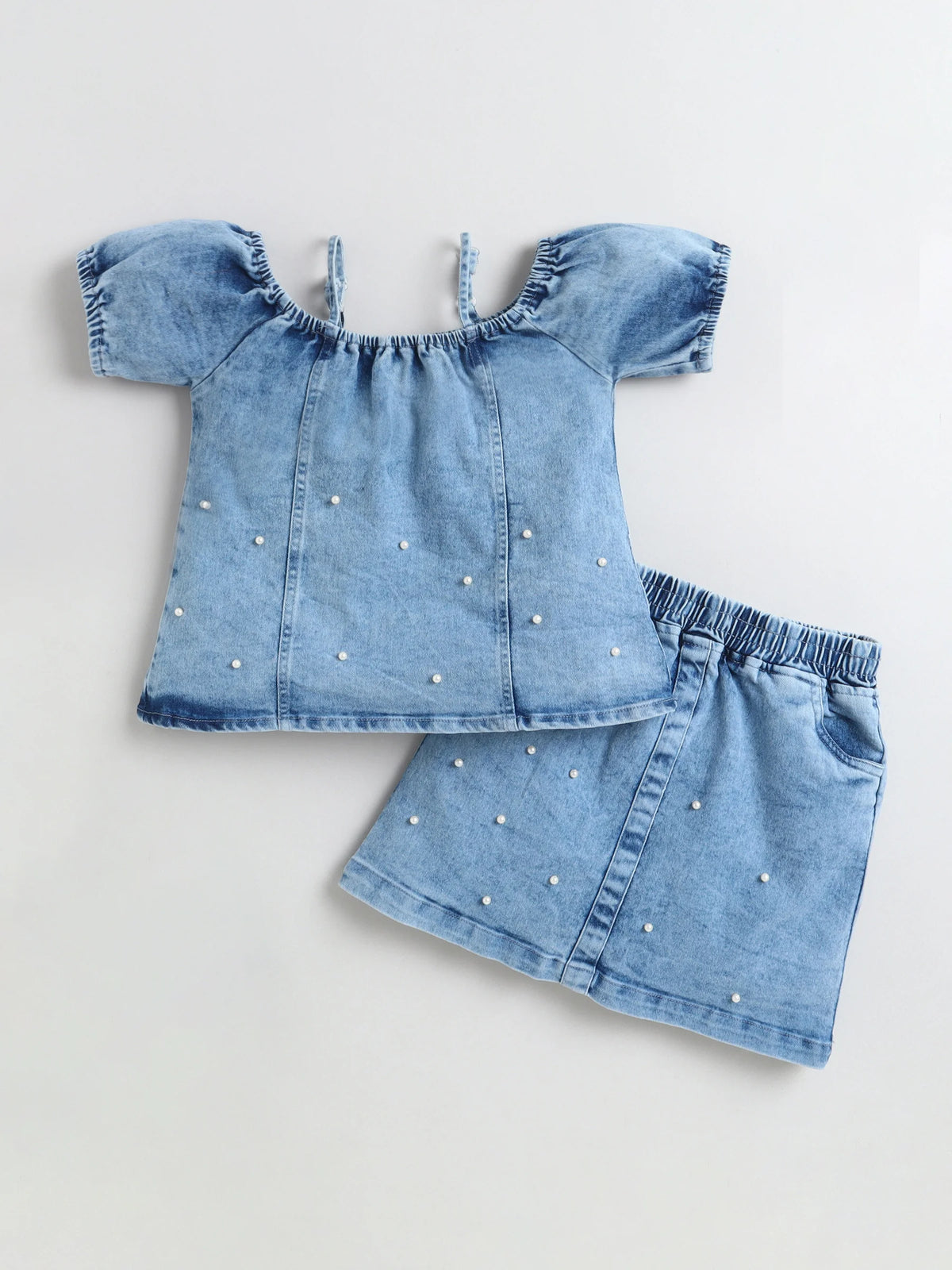Bright Stars KIDSWEAR Cloud Washed Denim Panelled Cold Shoulder Top With Short Skirt And Beaded Embellishment Co-Ord Skirt Set - Blue