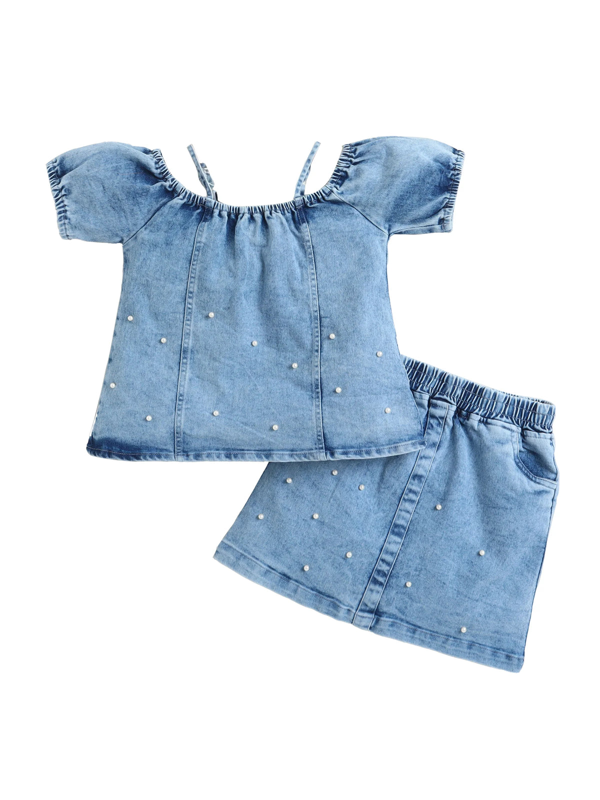 Bright Stars KIDSWEAR Cloud Washed Denim Panelled Cold Shoulder Top With Short Skirt And Beaded Embellishment Co-Ord Skirt Set - Blue