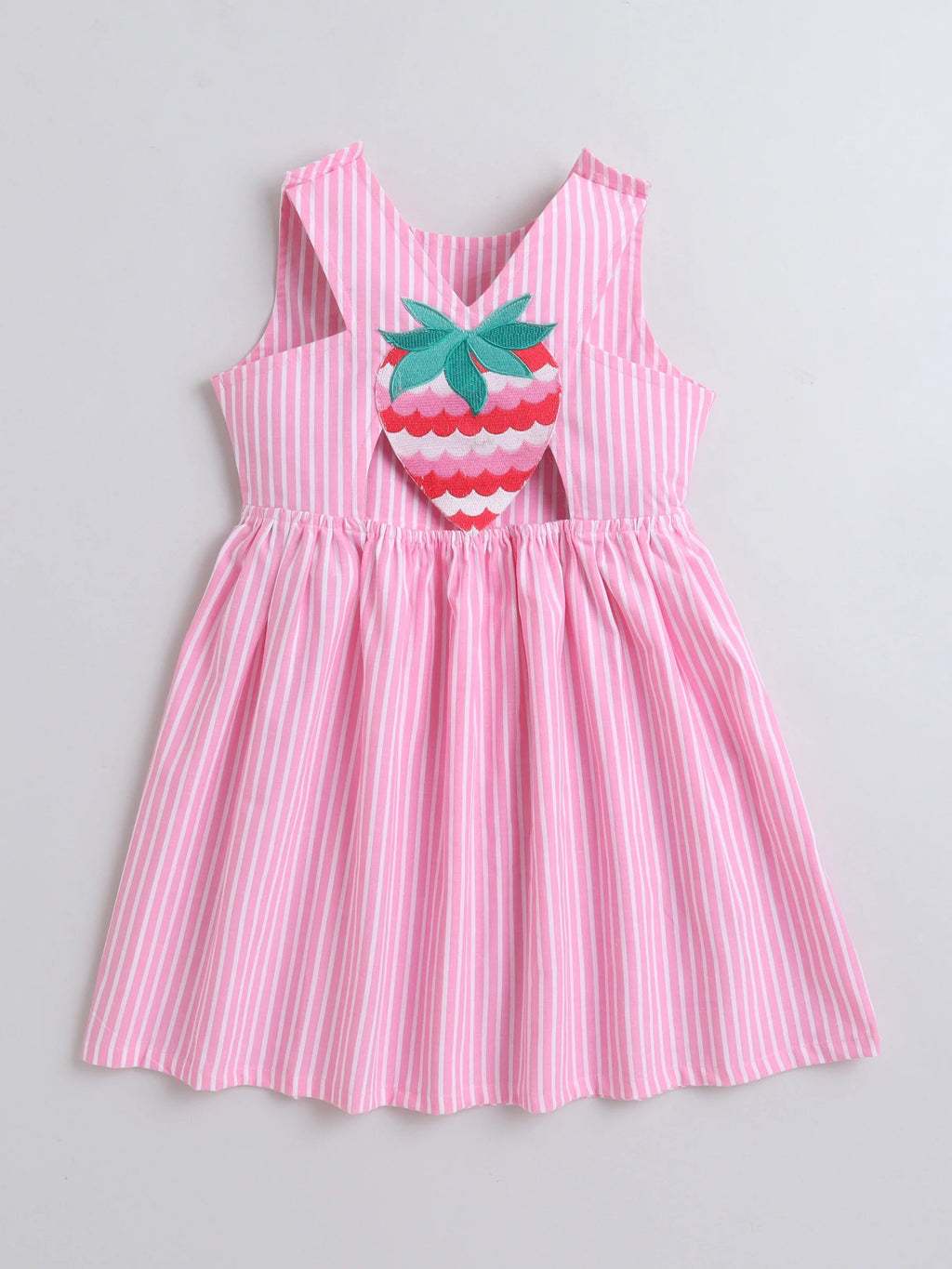 Girls Cotton Stripe Dress with Cute Strawberry Embroidery Patch on Back Casual Summer Dress