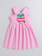 Girls Cotton Stripe Dress with Cute Strawberry Embroidery Patch on Back Casual Summer Dress