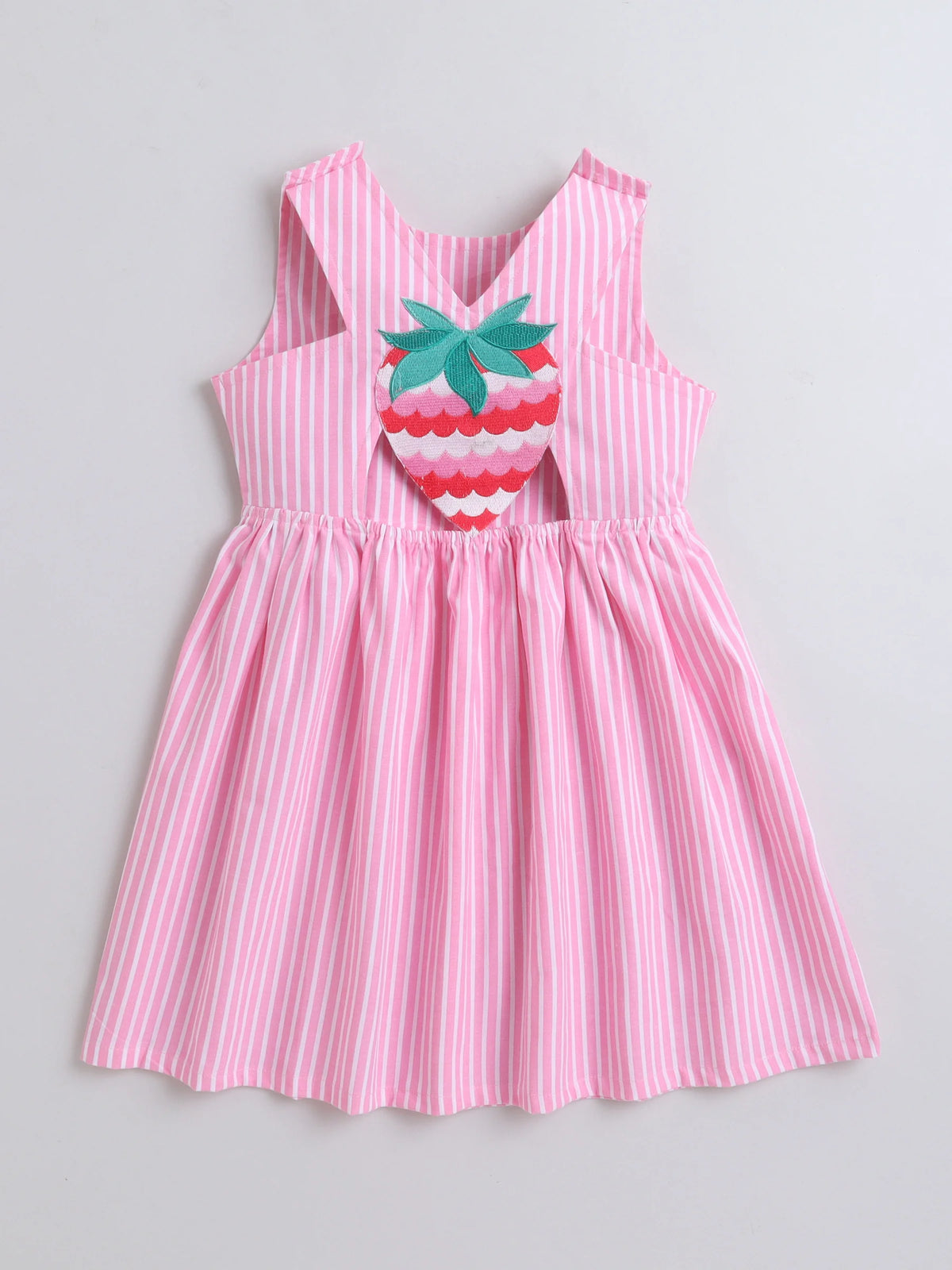 Girls Cotton Stripe Dress with Cute Strawberry Embroidery Patch on Back Casual Summer Dress