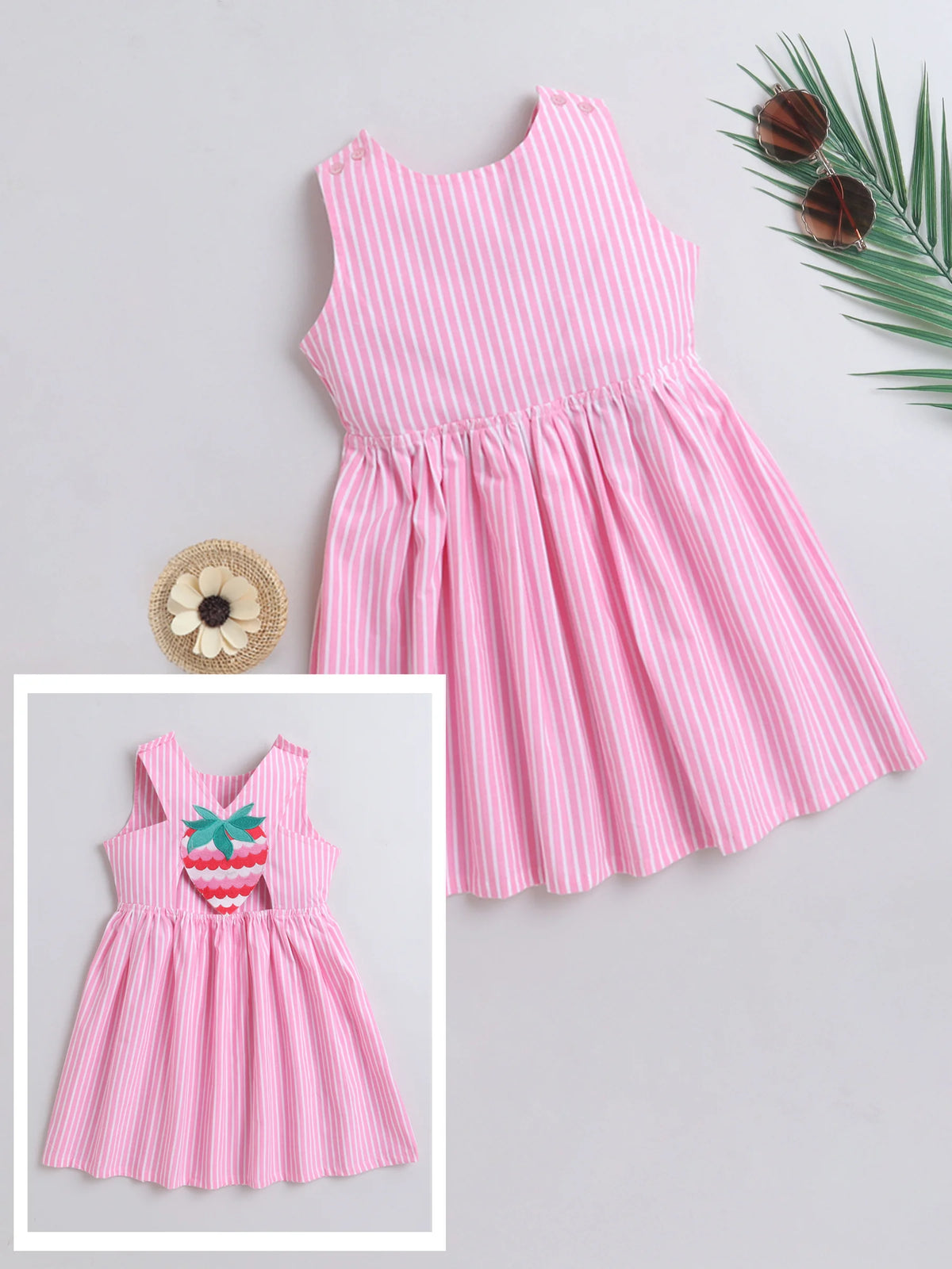 Girls Cotton Stripe Dress with Cute Strawberry Embroidery Patch on Back Casual Summer Dress