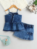 Bright Stars KIDSWEAR Cloud Washed Denim Co-Ord Skort Set, Ruffled Strap Top With Skorts And Big Bow - Blue