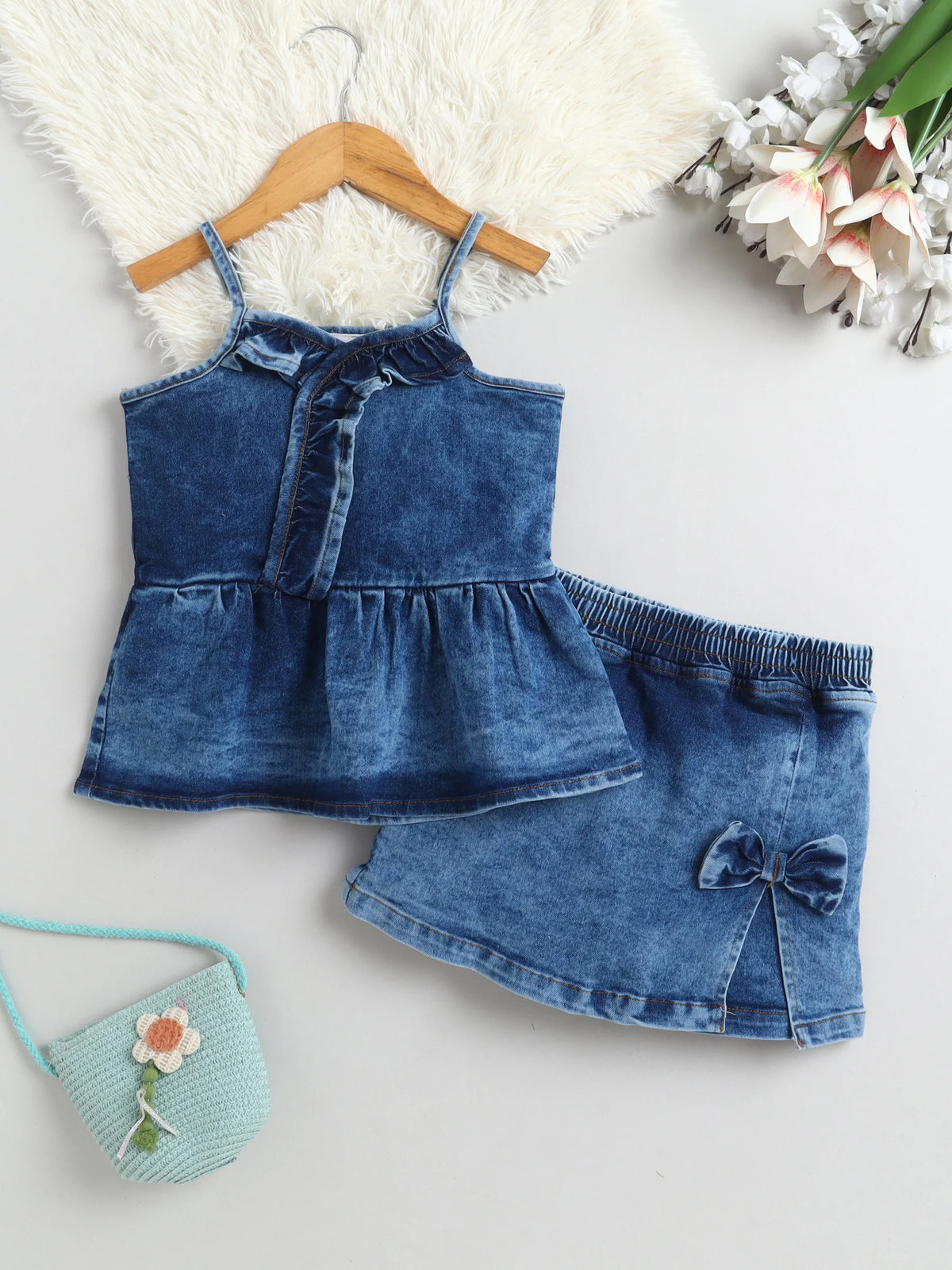 Bright Stars KIDSWEAR Cloud Washed Denim Co-Ord Skort Set, Ruffled Strap Top With Skorts And Big Bow - Blue