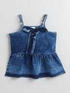 Bright Stars KIDSWEAR Cloud Washed Denim Co-Ord Skort Set, Ruffled Strap Top With Skorts And Big Bow - Blue