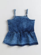 Bright Stars KIDSWEAR Cloud Washed Denim Co-Ord Skort Set, Ruffled Strap Top With Skorts And Big Bow - Blue