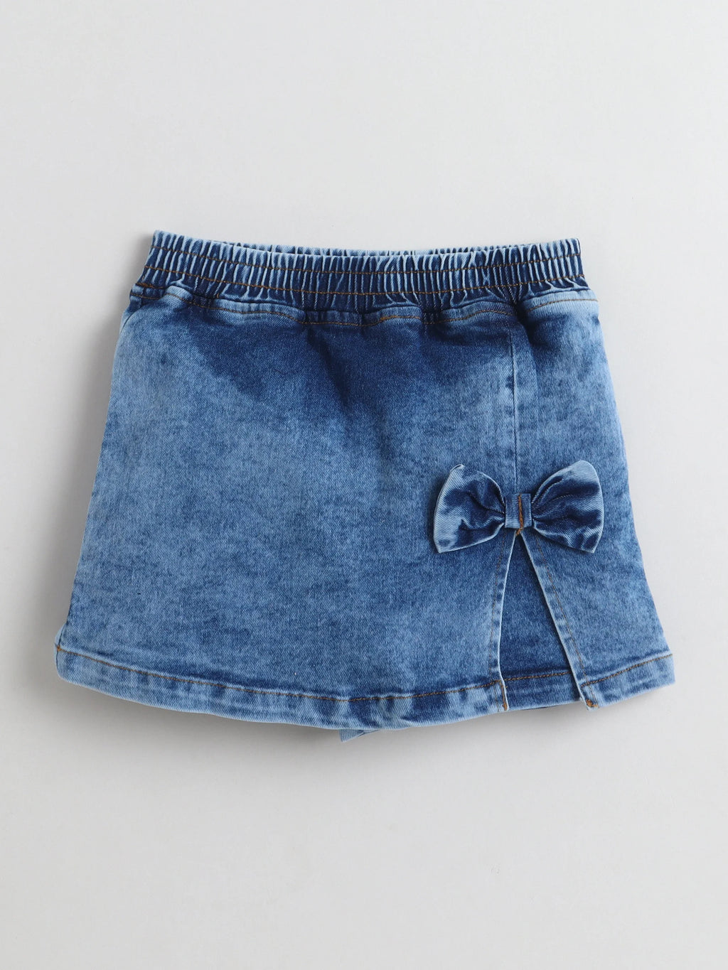 Bright Stars KIDSWEAR Cloud Washed Denim Co-Ord Skort Set, Ruffled Strap Top With Skorts And Big Bow - Blue