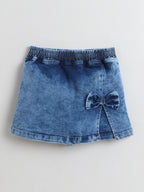 Bright Stars KIDSWEAR Cloud Washed Denim Co-Ord Skort Set, Ruffled Strap Top With Skorts And Big Bow - Blue