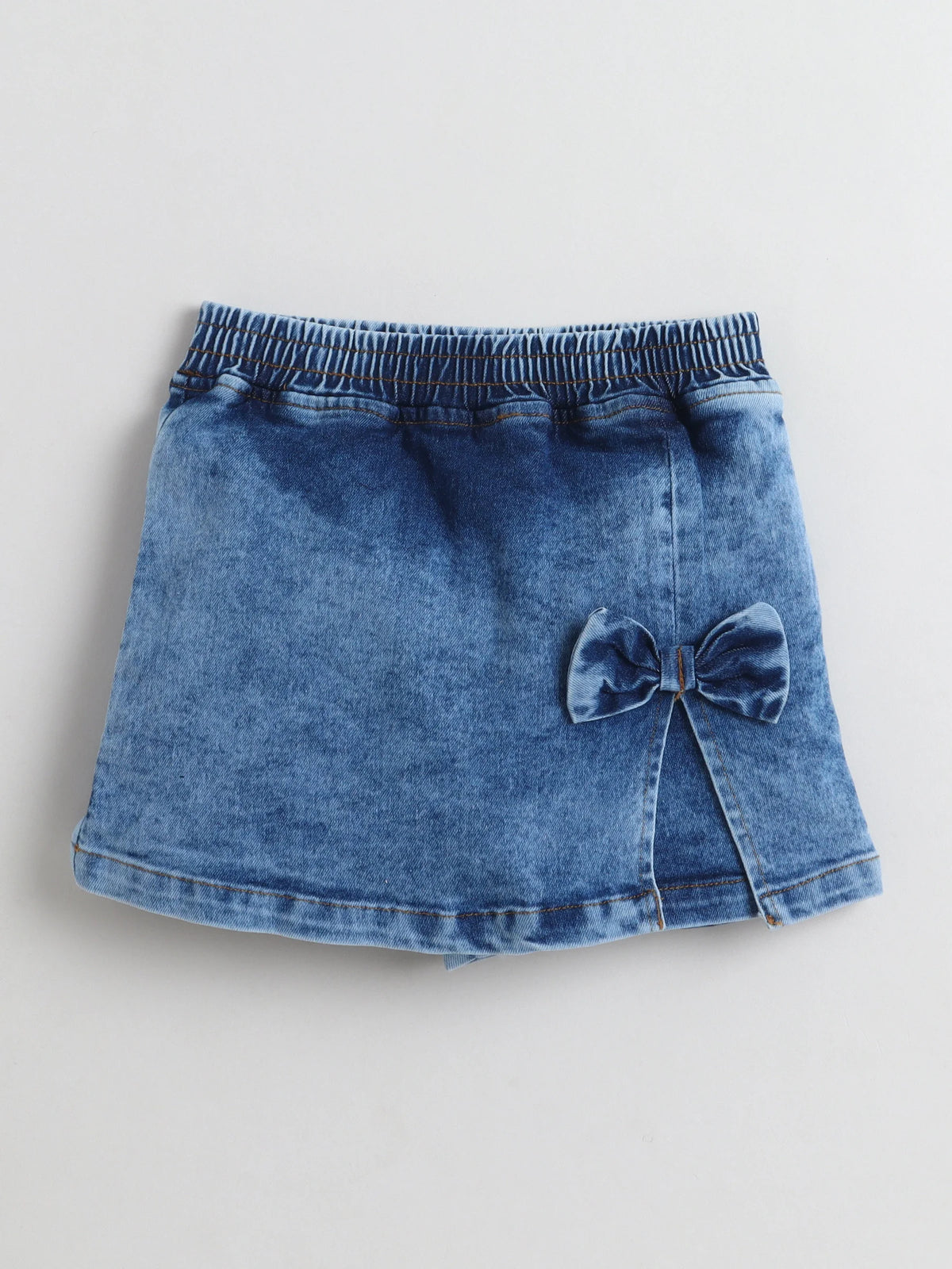 Bright Stars KIDSWEAR Cloud Washed Denim Co-Ord Skort Set, Ruffled Strap Top With Skorts And Big Bow - Blue