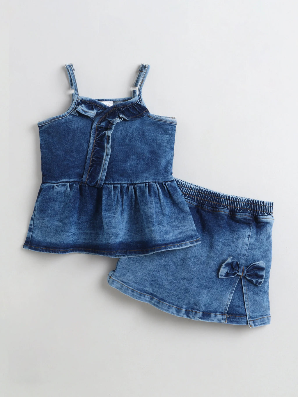 Bright Stars KIDSWEAR Cloud Washed Denim Co-Ord Skort Set, Ruffled Strap Top With Skorts And Big Bow - Blue